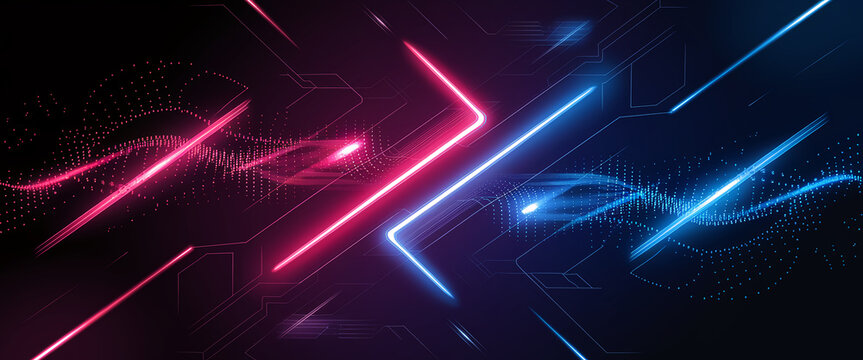 Vibrant digital design featuring glowing red and blue neon lines crossing over a dark futuristic background with dotted patterns, representing high-tech energy and dynamic motion. Gamer background