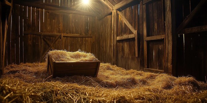 A rustic barn interior with wooden walls and doors, featuring an old-fashioned manger