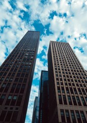 Obraz premium Low angle shot of skyscrapers under a blue cloudy sky in new york city skyscraper city building skyscraper downtown business architecture cityscape