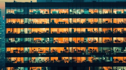 Illuminated Office Building At Night Showing Workers Inside