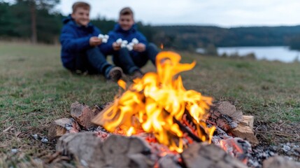 Boys roasting marshmallows by campfire, lake background, autumn