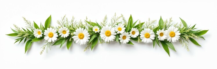 Floral line arrangement of daisy flowers with green grass. Springtime fresh chamomile blooms, twig sprigs, tree branches weave nature in summer on white backdrop. Beautiful eco banner decor.
