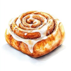 Cinnamon Bun watercolor clipart. Watercolor cinnamon roll, delicious pastry, sweet dessert, bakery, breakfast treat.