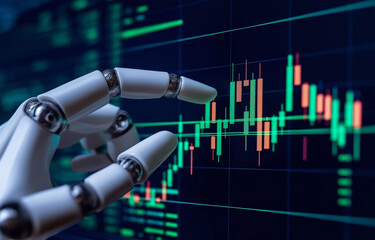 Artificial intelligence and robot hand touching on a stock market graph or chart with candlestick patterns for financial data analysis