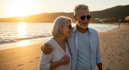 A heartwarming and romantic scene of an elderly couple walking along a beautiful beach during sunset