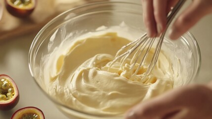 Whisking Passion Fruit Curd in Glass Bowl for Delicious Dessert Preparation