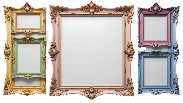 A charming pastel dreamscape of ornate frames, showcasing a gallery of empty spaces ready to be filled with cherished memories and stories, each frame exuding a unique elegance in soft, muted hues.