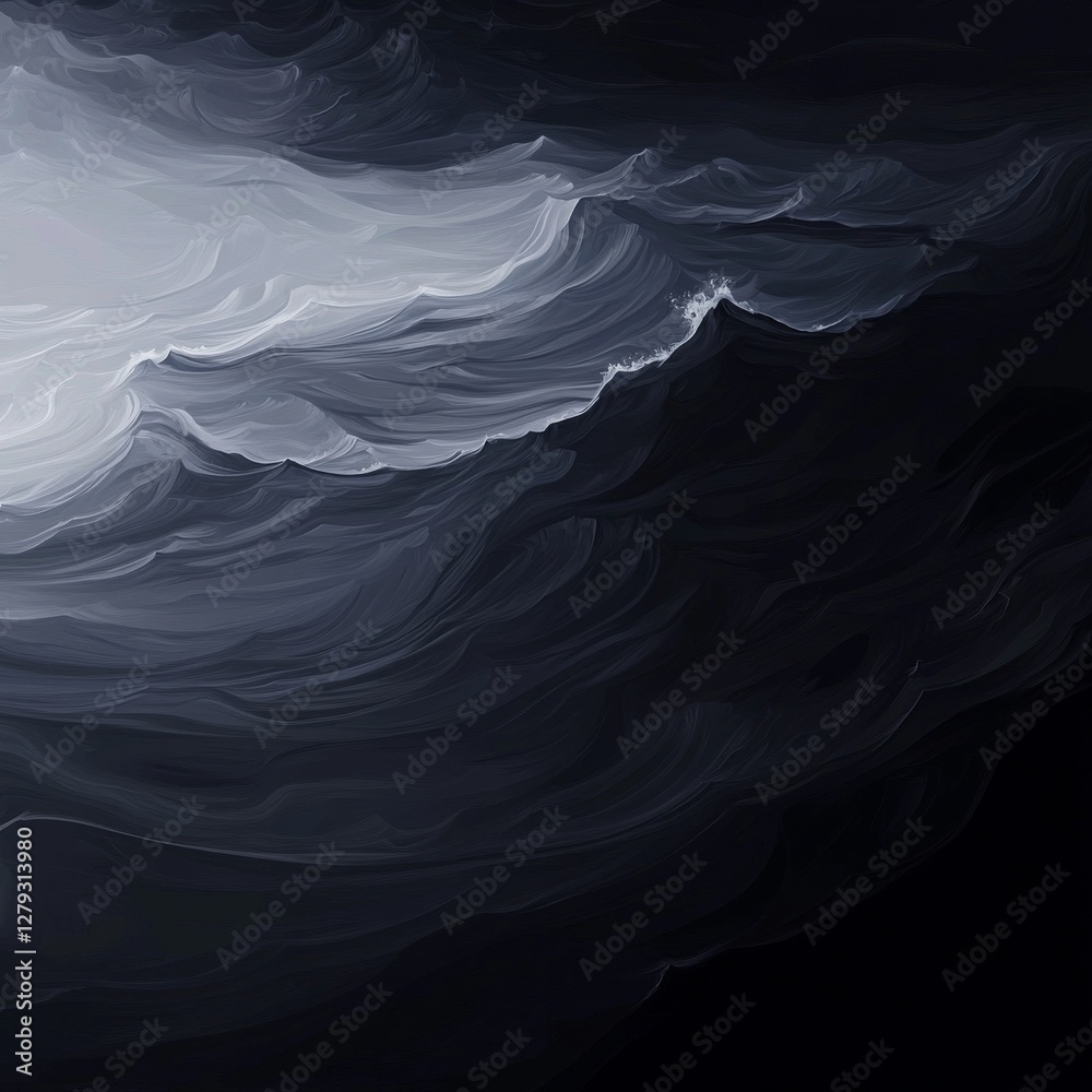 Poster abstract dark waves: a monochromatic depiction of fluid, ethereal forms in deep shades of gray.