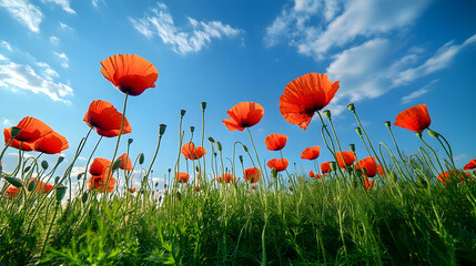 Obraz premium Tranquil Field of Vibrant Red Poppies Under a Bright Blue Sky