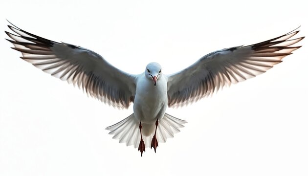 Majestic seagull soars through clear sky with spread wings. Bird flies, hunts fish in open air in sunlight. Freedom flight over sea. Wild animal with white feathers in wildlife. - Powered by Adobe