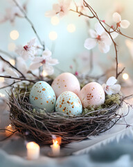 Obraz premium Pastel-Colored Easter Eggs with Gold Details in a Rustic Nest Surrounded by Blossoms 