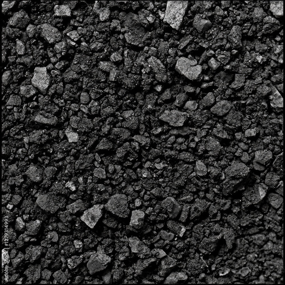 Poster Close-Up of Rough, Dark Texture: A Monochromatic View of Fragmented Material with Jagged Edges and Varied Sizes.