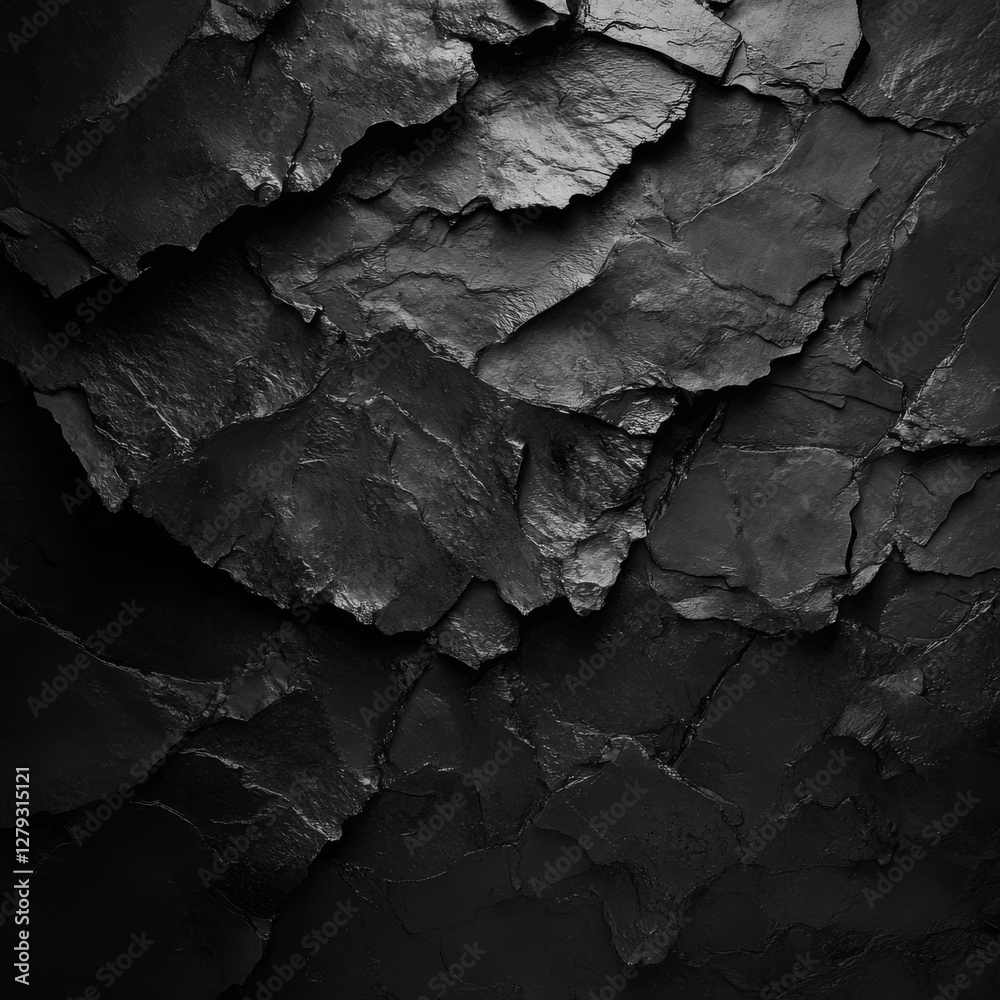 Aufkleber dark monochrome: a dramatic close-up of textured, angular black stone fragments creating a deep, abs