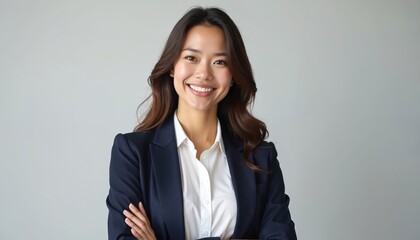 Portrait of young asian businesswoman isolated on white background. Confident successful woman in business suit with arms folded looks at camera with friendly smile. Leadership concept.