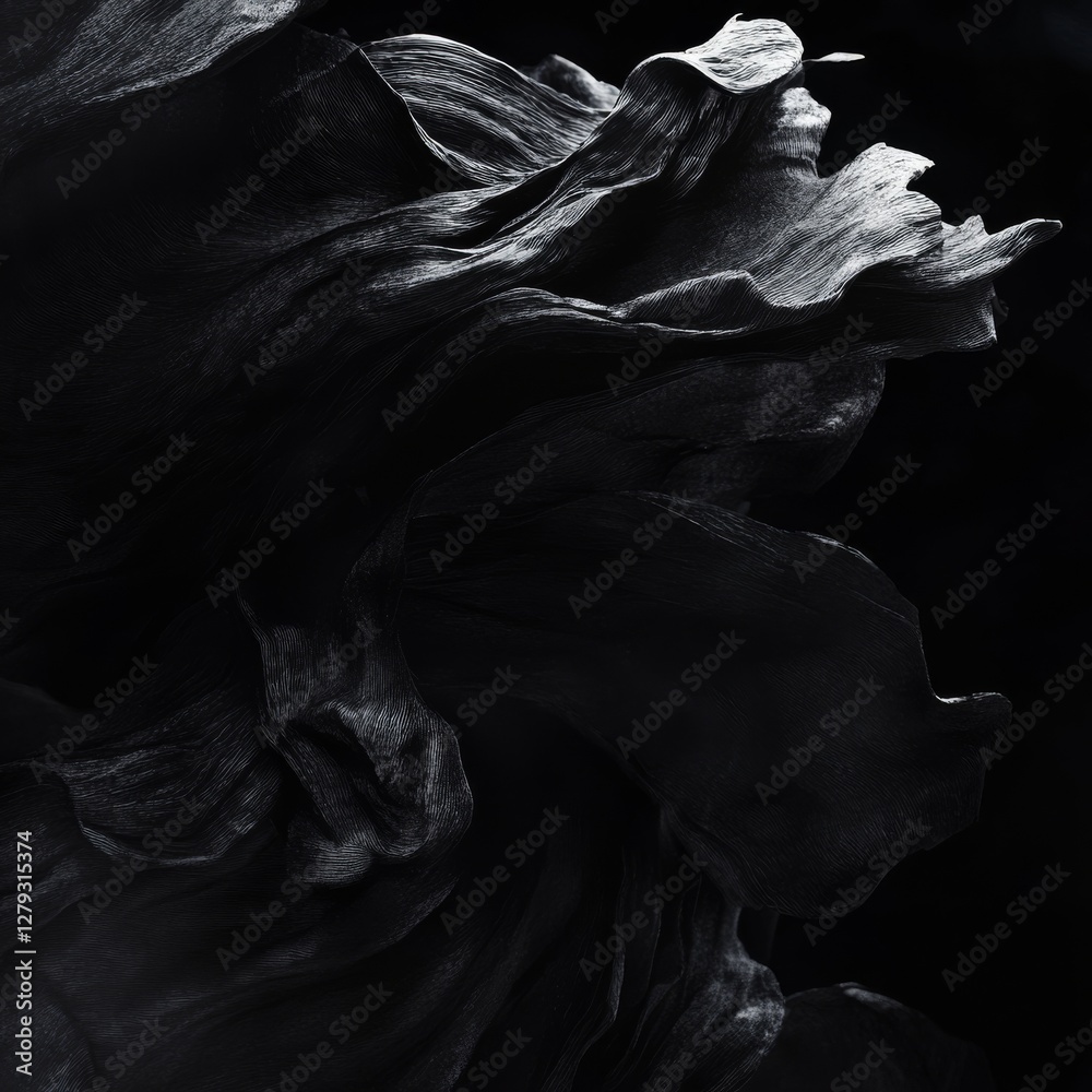 Poster dramatic monochrome: abstract dark texture with wavelike forms and striations against a deep black b
