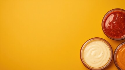 Colorful bowls of sauces arranged on vibrant yellow surface crea