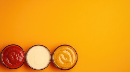 Three bowls of sauces on vibrant yellow background create lively