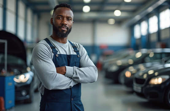Portrait of confident african american mechanic with beard standing with crossed arms in auto repair shop. Skilled pro auto mechanic, expertise in automotive maintenance, repair service. Workshop - Powered by Adobe