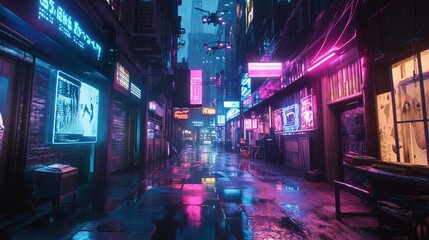  Cyberpunk Alley at Night with Rain and Neon Reflections – Sci-Fi Urban Scene