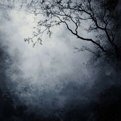 Eerie Monochrome Landscape with Silhouette Tree Branches Against a Foggy Sky, Evoking a Sense of Mystery and Gloom.