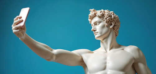 Classical marble statue takes selfie against vibrant blue backdrop. Iconic sculpture updates status with smartphone blending timeless art, modern technology, culture. Male figure poses artistically,
