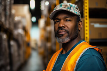 Warehouse worker is focused and confident while organizing supplies in a well-lit storage area during business hours