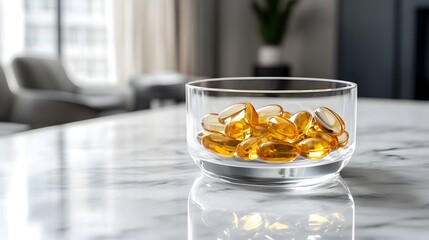 Elegant Glass Container with Fish Oil Supplements on Marble Surface