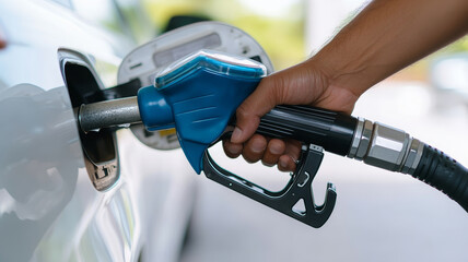 Close up shot of a hand gripping a blue fuel nozzle while refueling a white vehicle in a minimalist setting at a gas station
