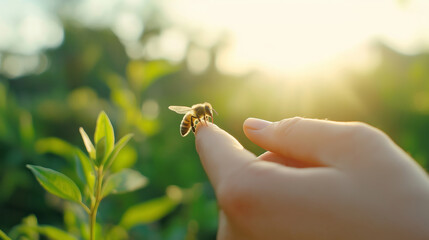Close interaction between a bee and a human finger in a vibrant garden during golden hour