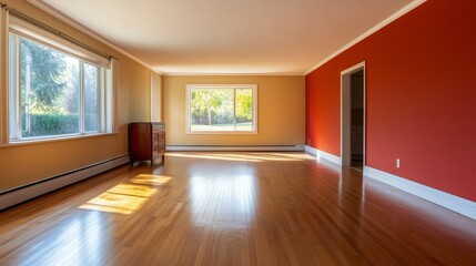 Empty Room Showcasing Natural Light and Wooden Floors in a Modern Home With Large Windows and Red Accent Wall