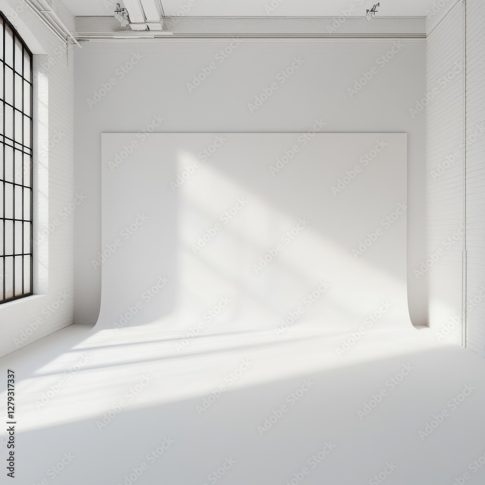 Aufkleber Minimalist White Studio with Seamless Backdrop and Natural Light from Window Creating a Blank Canvas