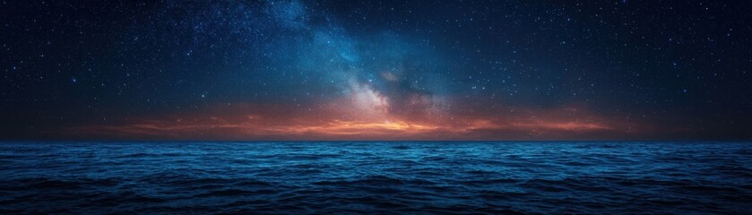Starry Night Sky Over Calm Ocean Waters Illuminated by Subtle Hues of Orange and Blue