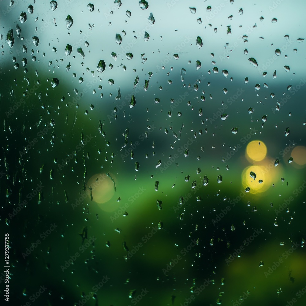 Aufkleber raindrops on a window: an abstract view of a rainy day, blurring the outside world with natural refl