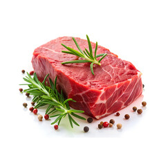 Raw beef steak with rosemary and pepper isolated on white background