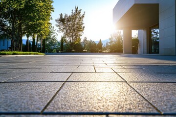 Clean driveway in front of modern building with trees and sunset in the background. Generative AI