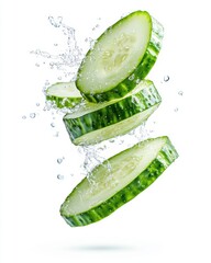 Fresh Cucumber Slices Falling into Splashing Water Drops