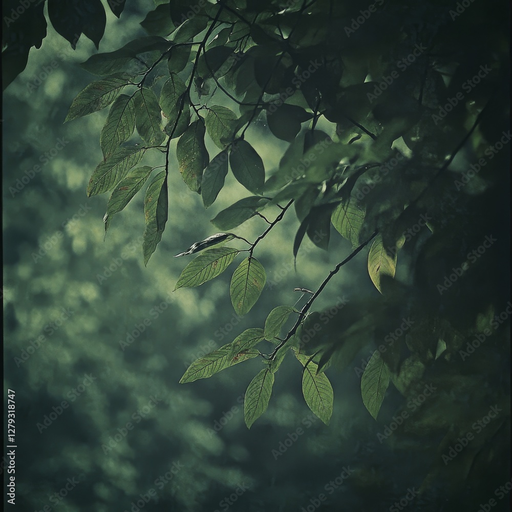 Aufkleber whispers of emerald: a glimpse into a forest's heart with leaves dappled in light and shadow
