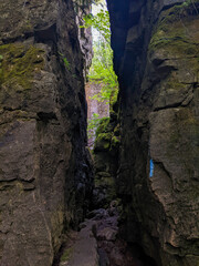 A crevice or corridor in the rock leading through the Niagara Escarpment during summer. Blue markers indicate a side trail on the Bruce Trail