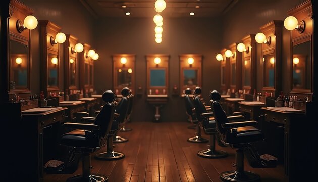 Barbershop interior with vintage design. Chairs stand in row. Room with mirrors, light bulbs, wooden floor. Barbershop concept. Salon for male clients, indoor space for hair styling, beard trimming.
