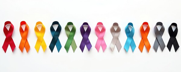 Colorful awareness ribbons aligned on white backdrop for world cancer day, February 4. Healthcare, medicine concepts. Disease support, fight. Symbol of help, hope for patient, survivor. International