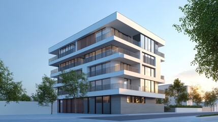 Obraz premium Modern Apartment Building Architectural Rendering, Dusk Exterior View