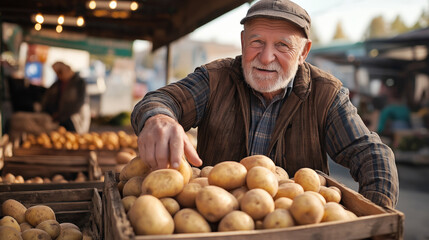 Fototapeta premium Elderly European man selecting fresh potatoes from rustic wooden crate at traditional farmer's market in autumn