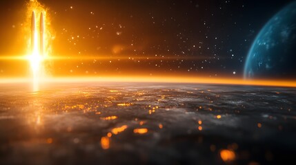Fototapeta premium Stunning cosmic scene showcasing a bright star rising over a distant planet, evoking a sense of wonder and exploration.