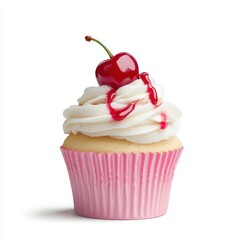 Delicious Pink Cupcake with Cherry and Drizzle on Whipped Cream