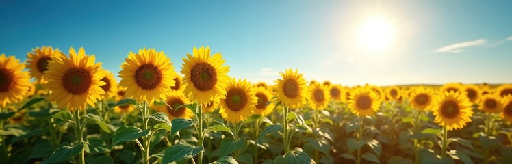 Obraz premium Bright yellow sunflowers field blooms under clear blue sky at noon sun shines warmly. Floral landscape, beauty summer nature farm field. Agriculture industry harvests golden petals. Tranquil vibrant