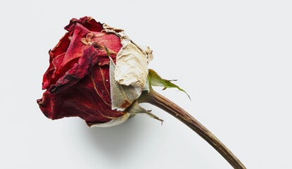 Elegant withering red rose on white background showcasing beauty