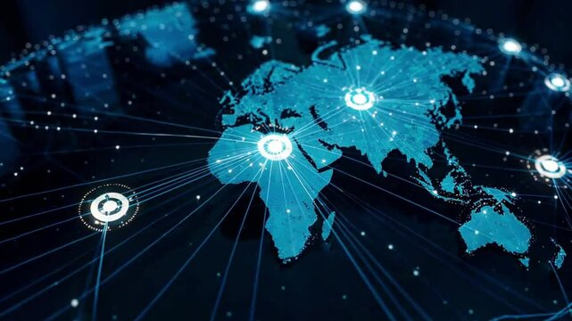 Futuristic Global AI Network: Glowing Fiber-Optic Data Connections Across Continents