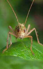 Fototapeta premium Macro shot of a tiny insect crawling on a leaf, with the outdoors in the background