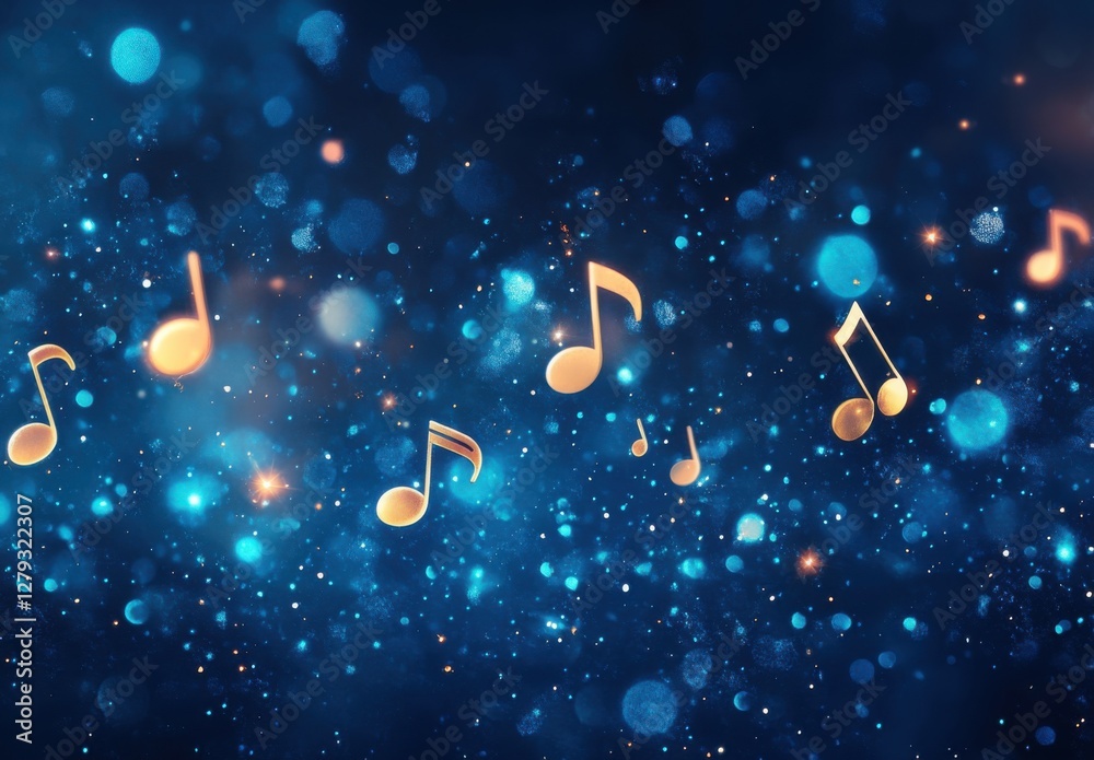 Poster golden musical notes floating in the air against a blue background with bokeh lights. music and art 