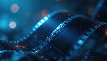 Digital blue film strip background. Cinematic poster banner design element with texture. Motion picture filmography clip. Abstract disrobed pattern video presentation photo for entertainment